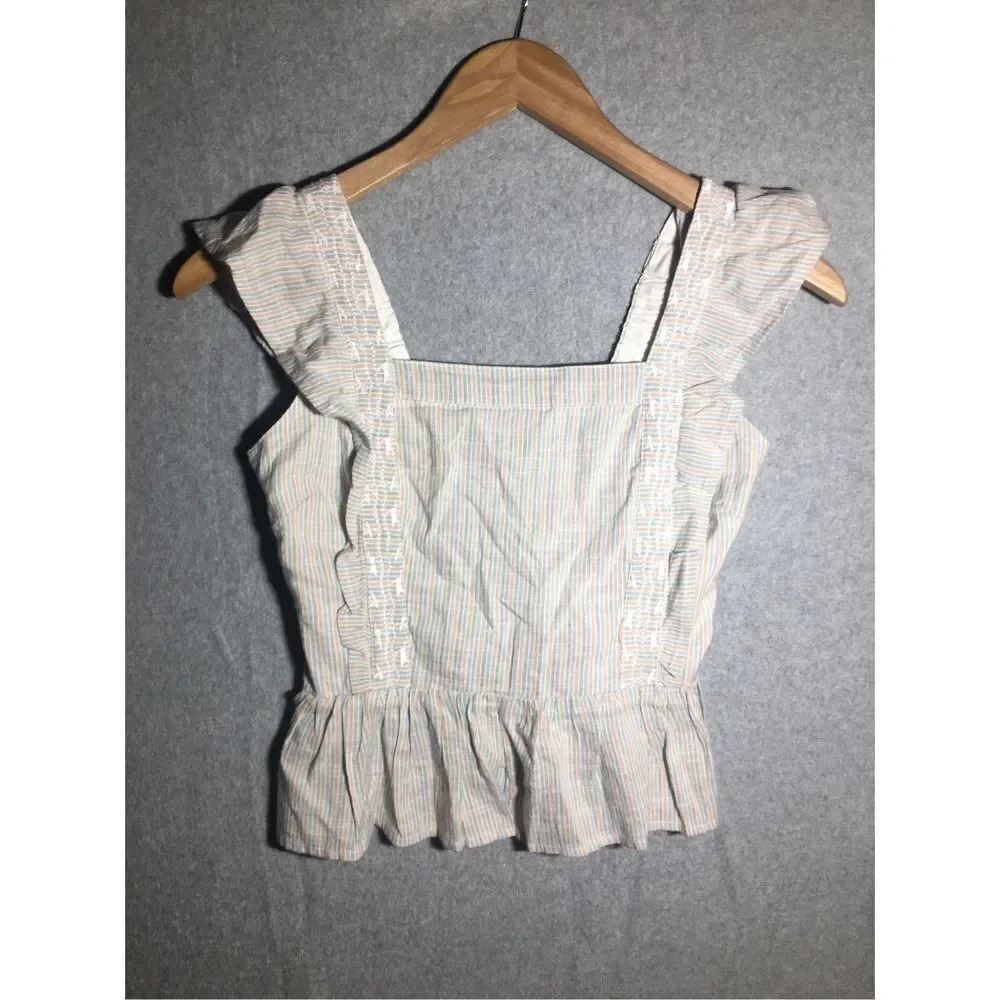 Womens Japna Crop Top Blouse Pink Blue Stripes Ruffle Hem Cute Boho Beachy